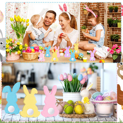 Menkxi 22 Pcs Easter Wooden Bunny Cutouts for Crafts Unfinished Easter Wood Cutouts Bunny Table Sign Rabbit Tabletop Decoration with 22 White Felt Balls Pom Ball 60 Adhesive Dots for DIY Craft Spring