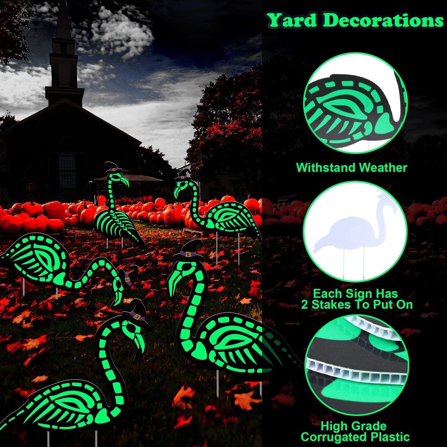 WILLBOND 6 Pcs Glow in the Dark Skeleton Flamingo Scary Creepy Outdoor Decor for Halloween Party