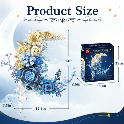 Sahteg 934PCS Blue Moon Flower Building Blocks Kit for Adults, Crescent Moon Botanical Art Display, Artificial Flowers Building Set for Home Décor Wall Art Decoration