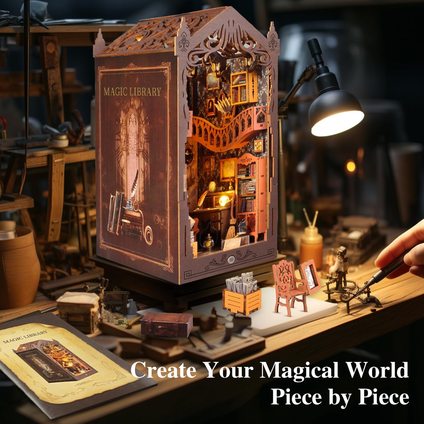 Book Nook Kit,DIY Miniature House Kit,Dollhouse Booknook with Dust Cover & LED Light,3D Wooden Bookends Puzzle,Bookshelf Decorfor for Adults, Teens, Beginners,Gifts for Family, Friends