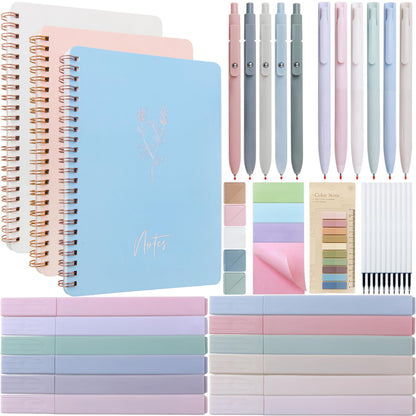 Tuhangcc 47PCS Spiral Notebook Stationary Set for Women,Bible Journal Set, 3PCS Unique A5 Spiral Notebooks 12 Highlighters, Sticky Notes & Bookmark Tabs 5 Gel Pen for Work Office Supplies (Blue)