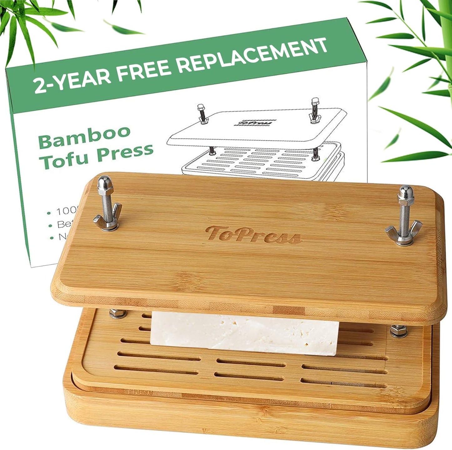 16oz, Bamboo Tofu Press, Built in Tofu Strainer and Drip Tray with Cheesecloth- Easily Remove Water from Tofu, Tofu