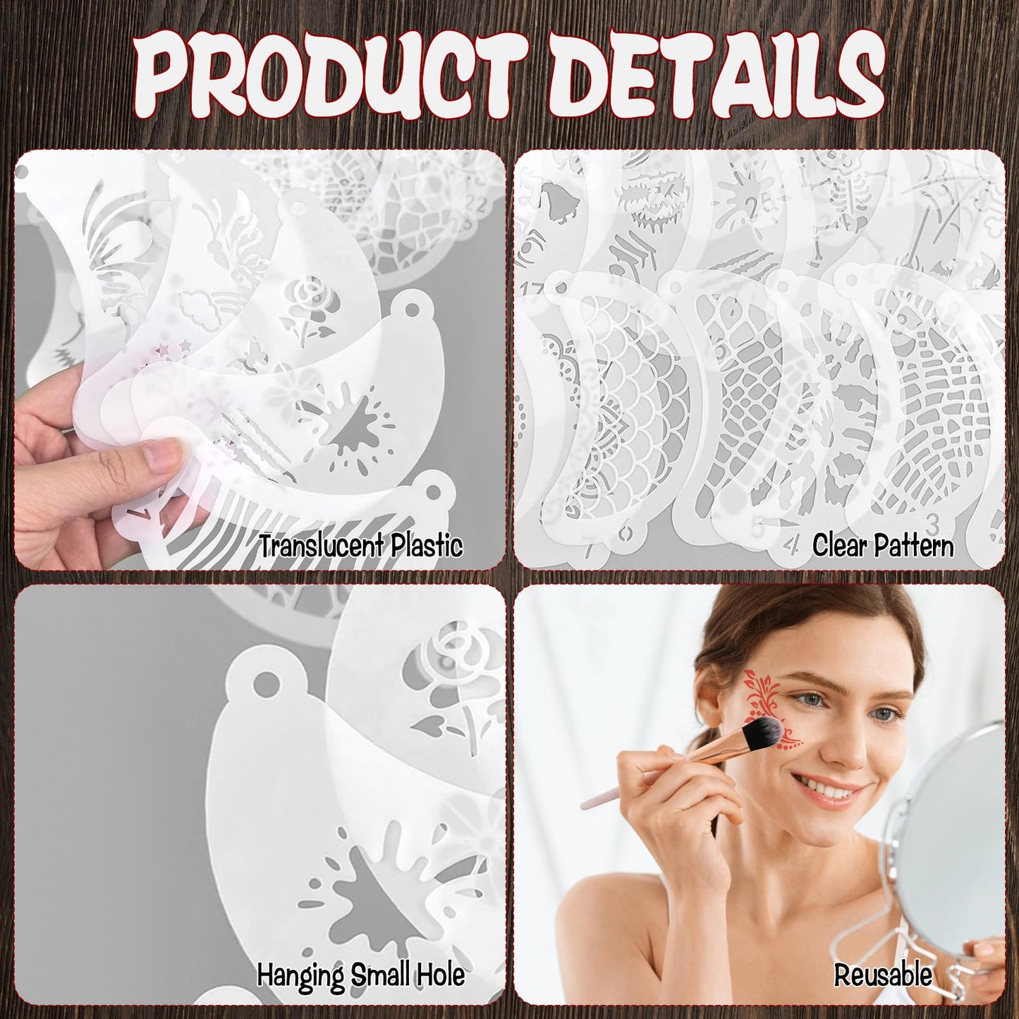 55 Pcs Face Paint Stencils, Reusable Face Painting Stencils Washable Body Makeup Art Tattoo Templates Flowers Animals Shapes Elements with Hanging Hole for Party Holiday Halloween, White Translucent