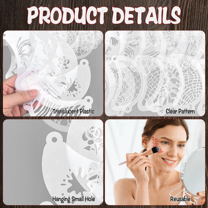 55 Pcs Face Paint Stencils, Reusable Face Painting Stencils Washable Body Makeup Art Tattoo Templates Flowers Animals Shapes Elements with Hanging Hole for Party Holiday Halloween, White Translucent