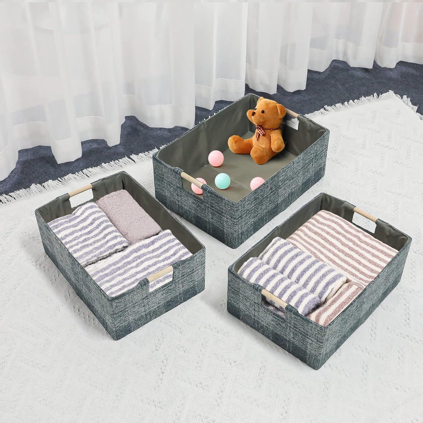 Fabric Storage Bin Box, Collapsible Cotton Linen Cube with Wooden Handles - Decorative Organizer for Clothes and