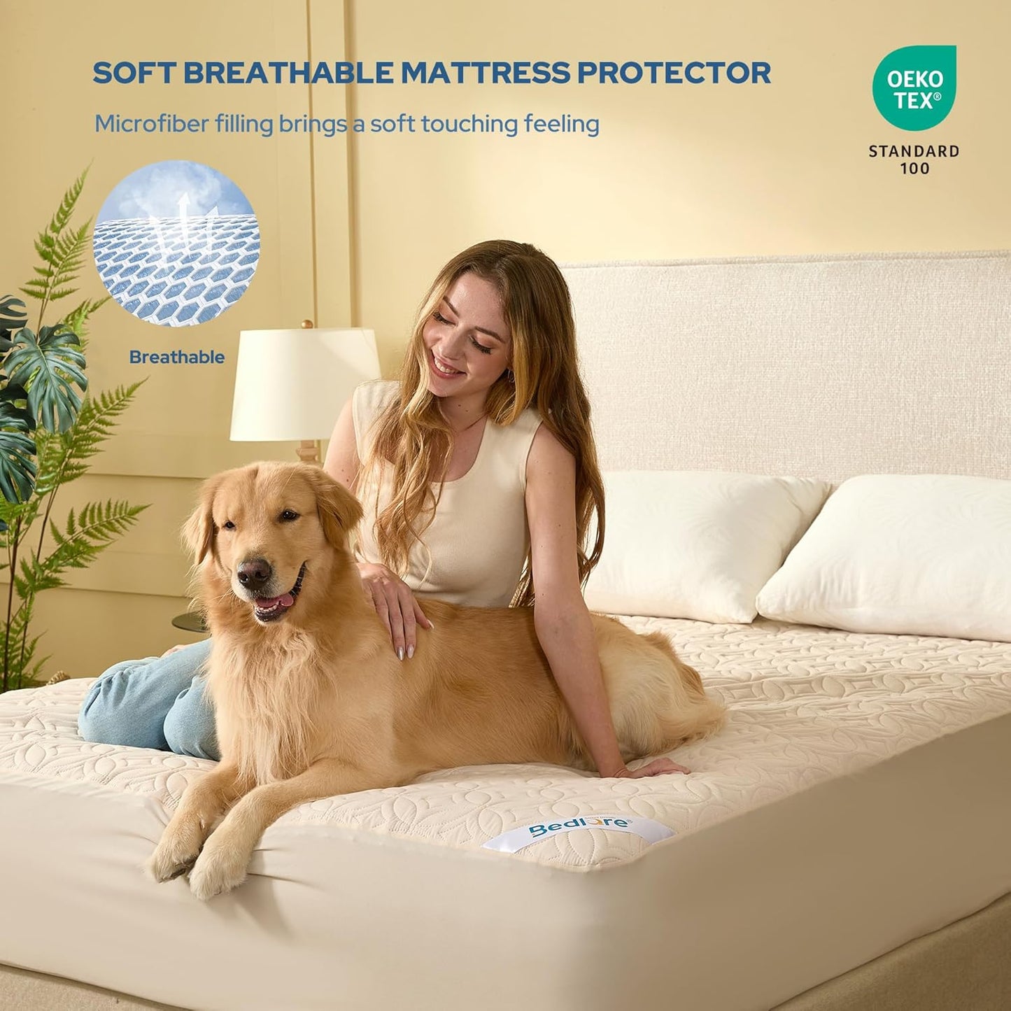 BEDLORE Waterproof Mattress Protector - Noiseless Queen Size Pad with Deep Pocket 6"-18" Depth | Soft, Breathable, Washable Cover (Beige)