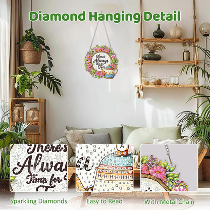 MEIYUDA Flower Wreath Diamond Art Hanging Kits, DIY Tea Flower Wreath Diamond Painting Window Hanging Ornament for Adults, 5D Special Shape Rhinestone Pendant for Home Decor and Holiday Gift
