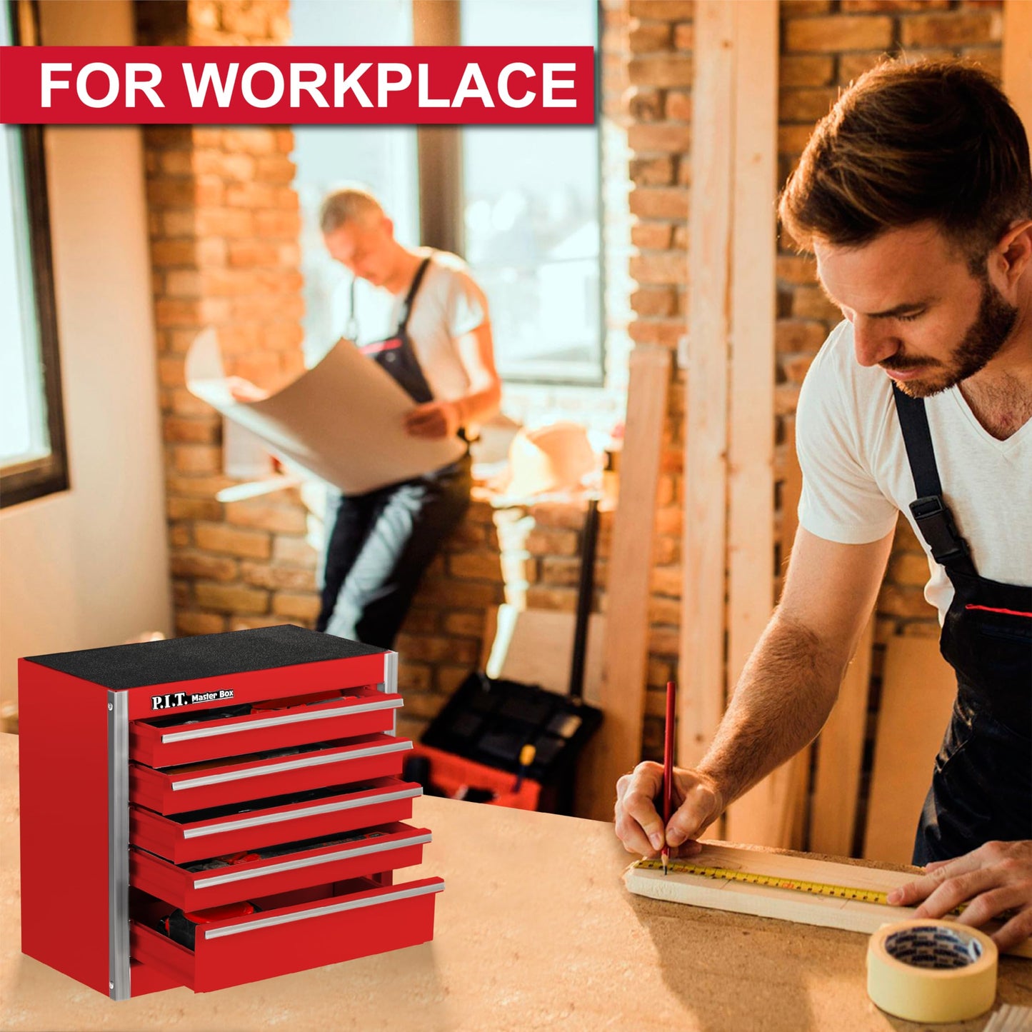 P.I.T. Mini Tool Box 8.6"W X 4.6"D, Portable 5-Drawer Micro Steel Stackable Toolbox with Liner, Red Cute Tool Case for Small Tools Parts Storage, Home DIY