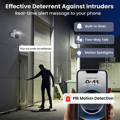 2025 Upgraded 2K Security Cameras Wireless Outdoor, Free Cloud Storage & Local SD Card Support, 1-6 Months Battery Life, Waterproof, 2-Way Talk, AI Motion Detection Spotlight Siren Alarm Camera