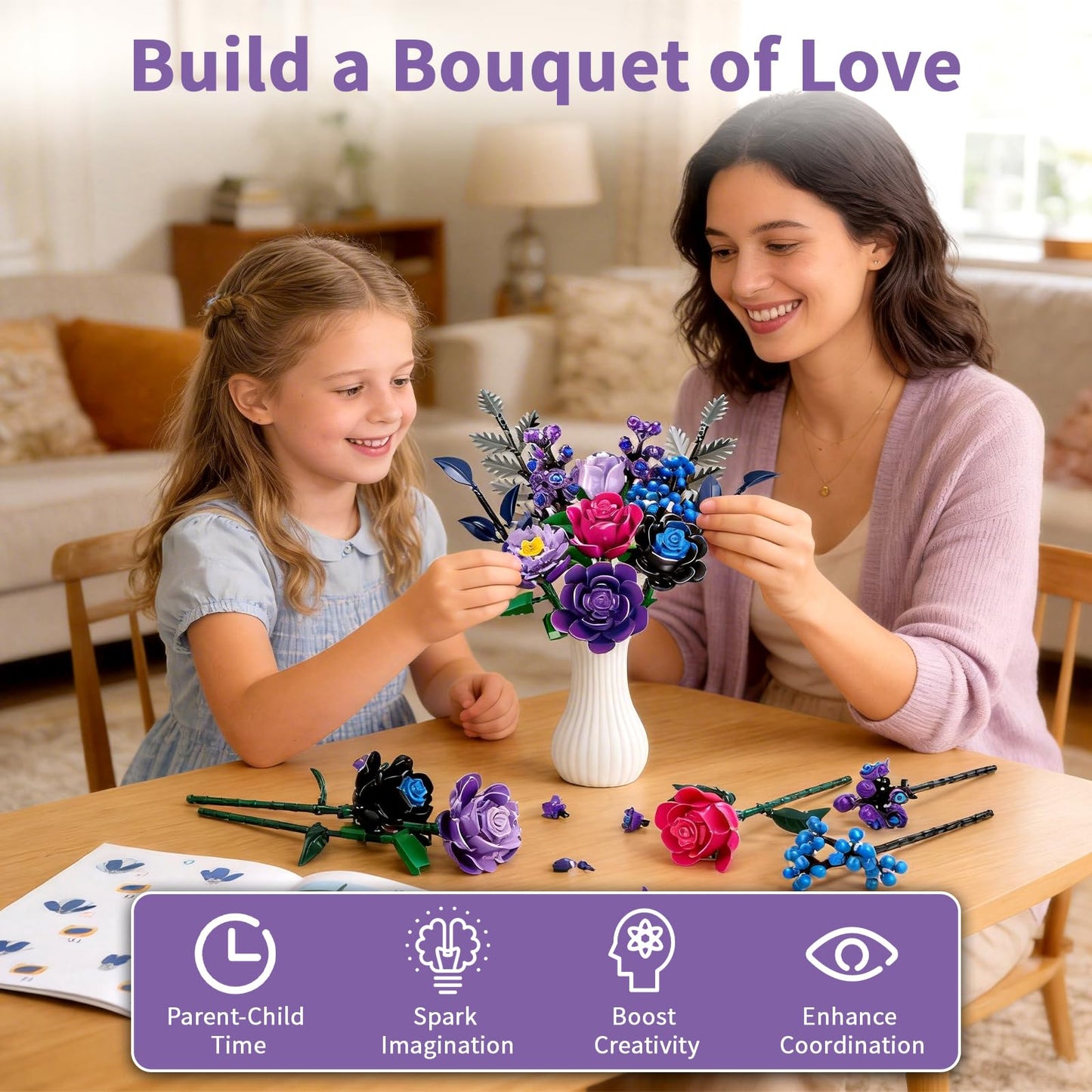 YOIUSFR 759 Pcs Purple Rose Flower Bouquet Building Set, Botanical Collection Kit Artificial Fake Flowers Blocks, Home Table Decor Aesthetic for Gifts for Birthday, DIY Craft