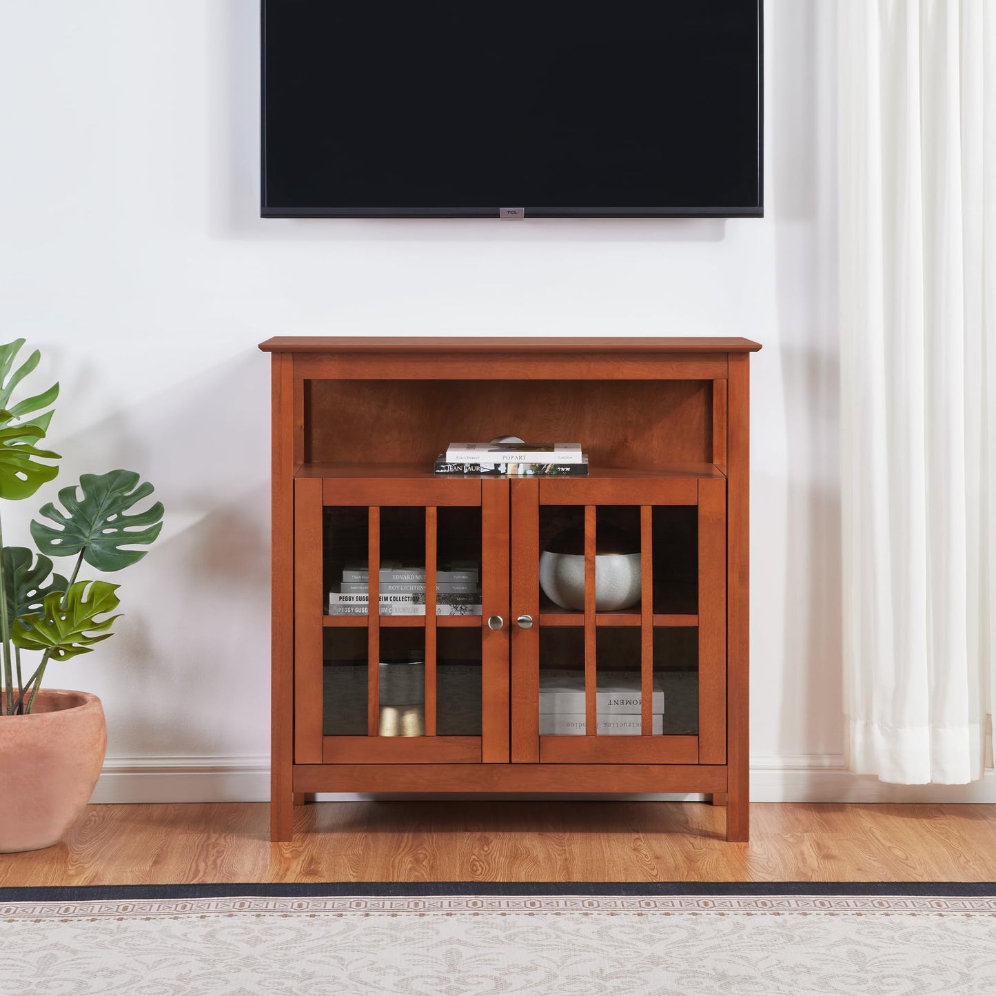 Convenience Concepts Big Sur Highboy TV Stand 36" - Modern Entertainment Center For TVs up to 40", Storage Cabinet for Dining, Living Room, & Entryway, Console Hall Table with Shelves, Cherry