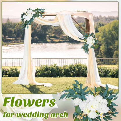 Thiccywoov 4 Pcs Wedding Arch Flowers and Drape Kit Include 2 Artificial Floral Swag and 2 White Chiffon Drapes, Faux Flower Set for DIY Wedding Party Reception Ceremony Backdrop Rose Decoration