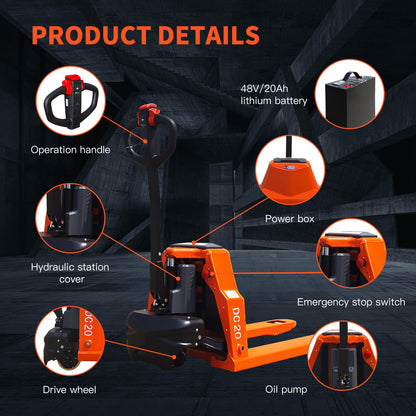 MBOIFEA Full Electric Pallet Jack Trucks, 4400lbs Capacity Motorized Pallet Truck, 48" x 27" Fork Size, 48V 20AH Lithium Battery Powered Jack for Indoor Storage and Material Handling for Warehouse