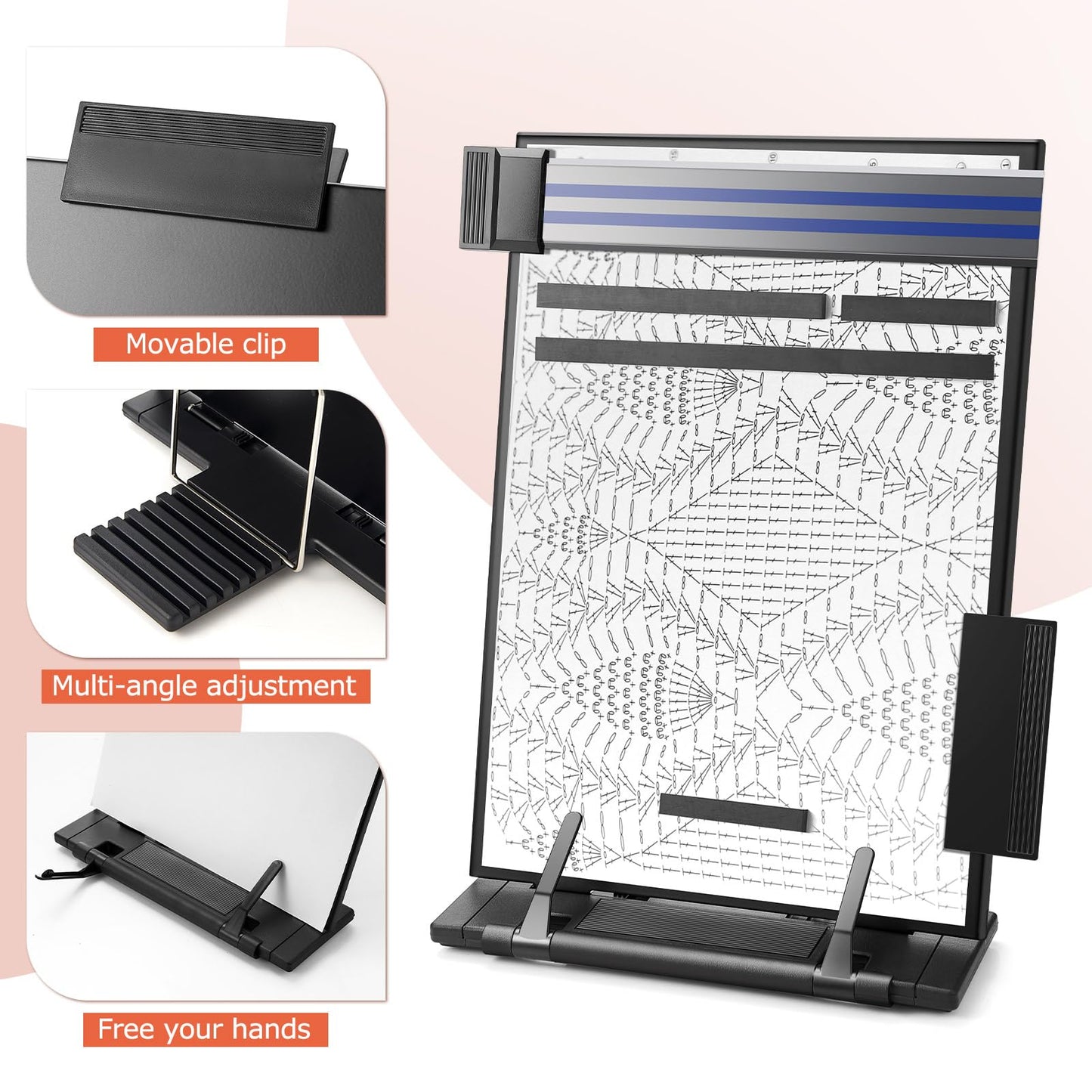 Flutesan Knitting Pattern Holder with 4 Replacement Magnets Knitting Chart Keeper Black Magnetic Cross Stitch Supplies and Accessories Cross Stitch Pattern Holder for Crochet, 13.78 x 8.27 Inch