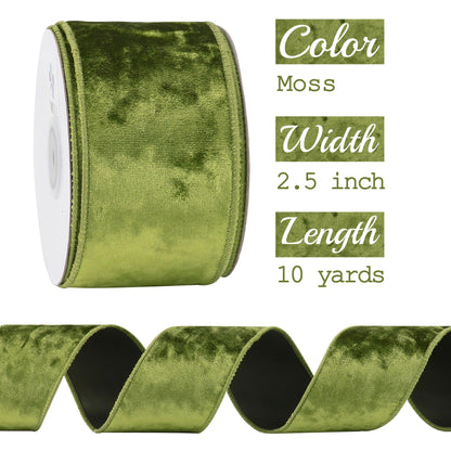MEEDEE Moss Green Velvet Wired Ribbon 2.5 Inch - 10 Yards Crushed Velvet Christmas Ribbon for Tree Decoration, Wreath Supplies, Crafts Bow Making