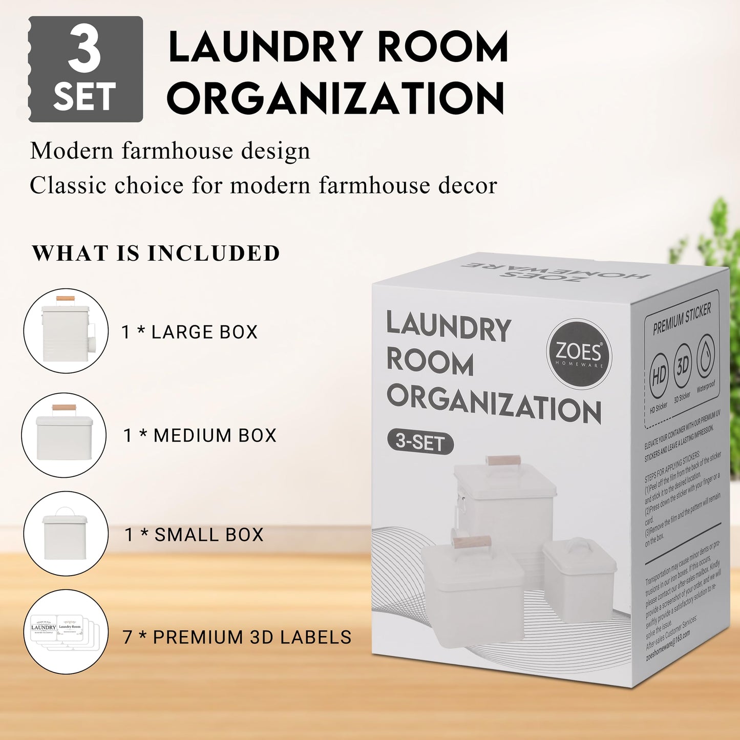 ZOES HOMEWARE 3-Set Laundry Room Organization and Storage | Modern Farmhouse Laundry Room Decor | Laundry Container for Organizing Laundry Pods, Laundry Powder, Dryer Sheets, Dryer Balls, Cream White