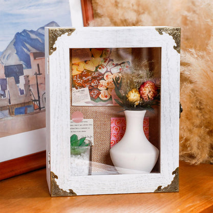 Cinnvoice 8x10 Inch Shadow Box Depth 4.7in Shadow Boxes Display Cases with Cork Board Backing Rustic Burnt Wood Box for Flowers Bouquet Wedding Picture Photo and Keepsake(White)
