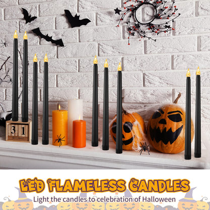 12 Pcs LED Taper Candles Dripless Unscented Flameless Battery Dinner Candles for Halloween, Weddings, Church, Hanukkah, Christmas, Autumn, New Year Celebration (Black)