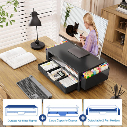 OPNICE Desk Organizers and Accessories, Computer Monitor Stand Riser with Drawer and 2 Pen Holders, Printer & Laptop Stand, Office Desk Accessories & Workspace Organizers for Home Office Supplies, Black