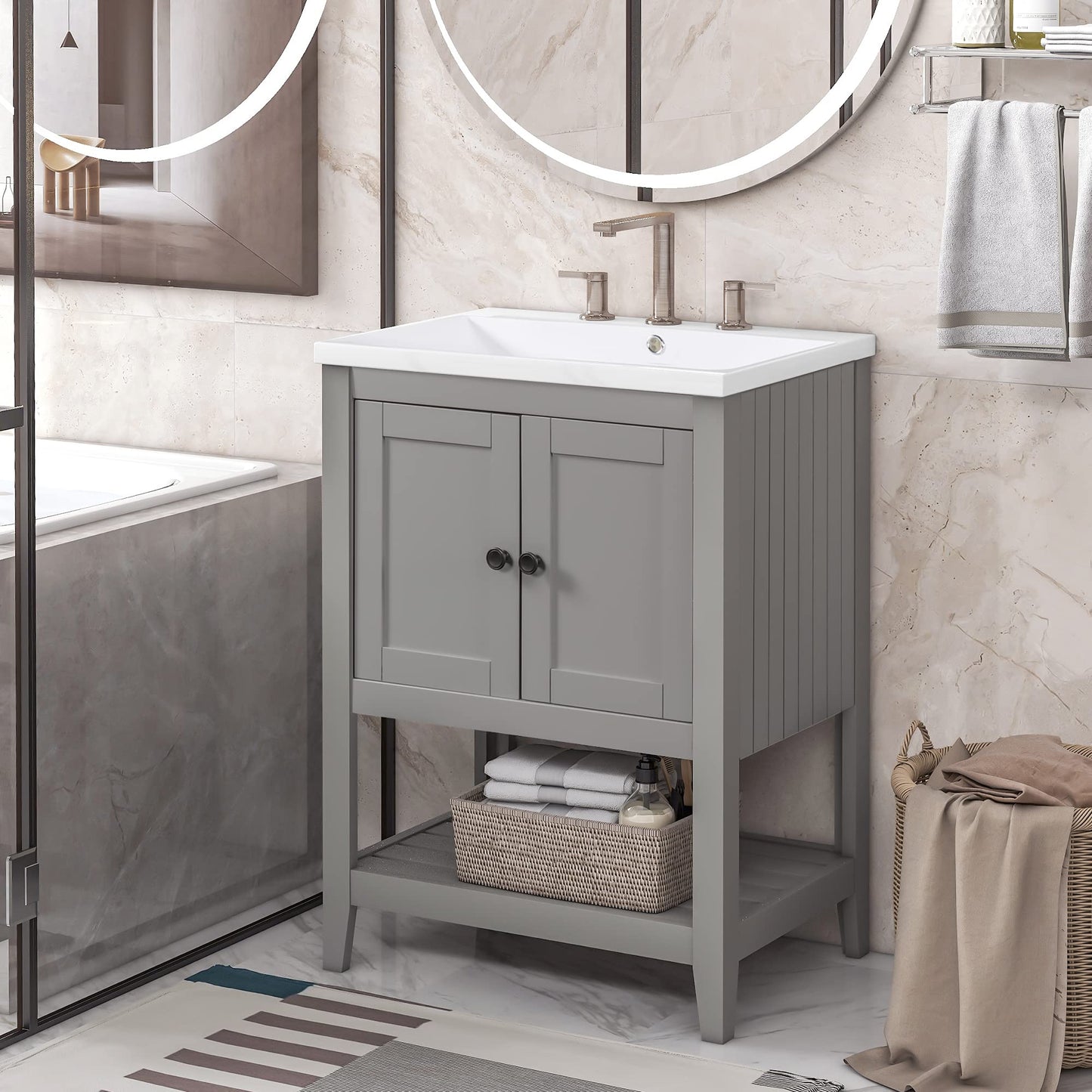 Merax Grey Bathroom Vanity and Sink Combo 24 inch Bathroom Vanities Set with Cabinet, Solid Wood Frame, Ceramic Sink