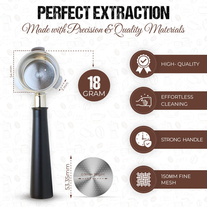54mm Bottomless Portafilter Aluminum Alloy Handle – Fits 54mm Breville Espresso Machines – Includes 18g Filter Basket & 53.35mm Espresso Puck Screen, 0.9mm 150μm (Black Aluminum Alloy)