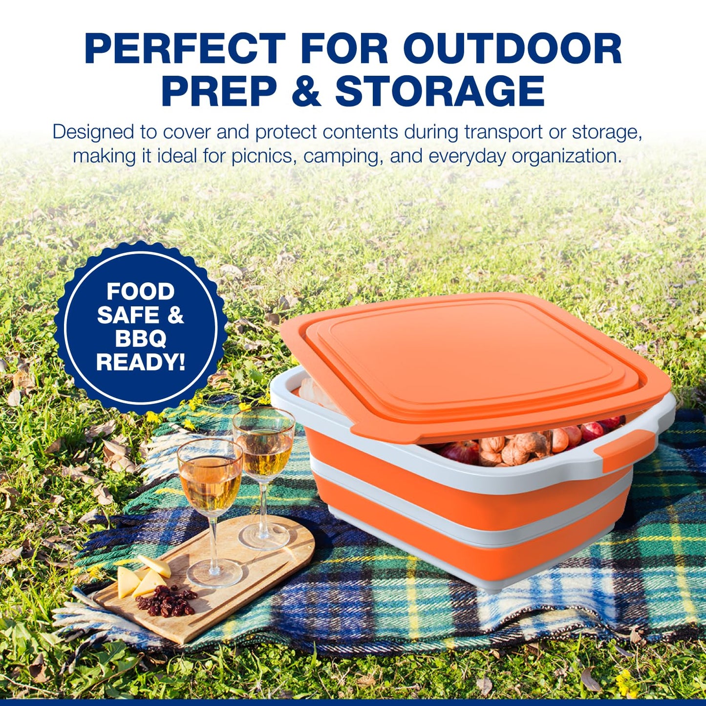 2-Pack XL Collapsible BBQ Prep Tub with Built-In Cutting Board, Lid & Strainer – Marinate, Drain & Prep – Large Food-Safe Container – Perfect for Grilling, Smoking & Outdoor Cooking