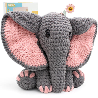 CODGP Crochet Kit for Beginners,13in Crochet Animal Kit Elephant,Crochet Starter Kit Gift for Adults with Yarn Sets,Amigurumi Crochet Kit with Step-by-Step Video Tutorials