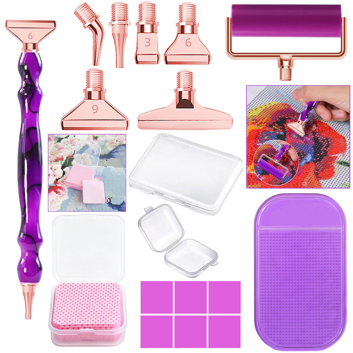jecxucci Diamond Painting Art Drill Bead Dot Pen Kit with 6pcs Stainless Steel Tips, 6 Glue Clays, Diamond Art Roller and 50Pcs Cleaner Paper, 5D Diamond Painting Trays Sticky Pad (Purple + Rose Red)