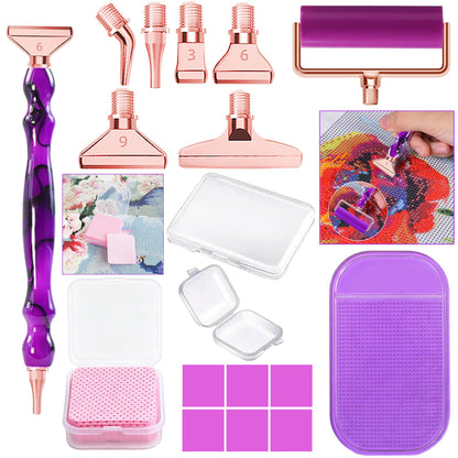 jecxucci Diamond Painting Art Drill Bead Dot Pen Kit with 6pcs Stainless Steel Tips, 6 Glue Clays, Diamond Art Roller and 50Pcs Cleaner Paper, 5D Diamond Painting Trays Sticky Pad (Purple + Rose Red)