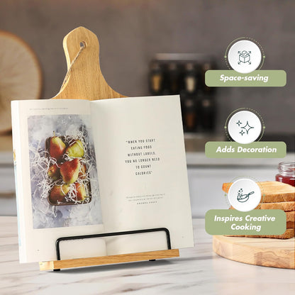 Cookbook Stand, Rustic Wood Holder with Measurement Conversion Chart, Adjustable Recipe Ipad Tablet Book Holder for