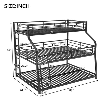 Bellemave Heavy Duty Triple Bunk Bed for Multiple Kids,Twin XL Over Full XL Over Queen Size Triple Bunk Bed with Long and Short Ladder for 3 Kids,Unique Curved Metal Frame,Black