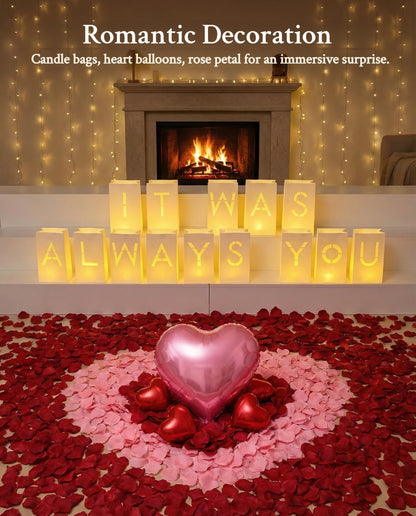 JZLiner It was Always You Light Up Letters Include Romantic Fake Rose Petals and LED Candles Heart Balloons Set Decorations
