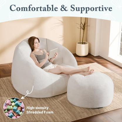 GRANDJOY Oversized Bean Bag Chair with Ottoman, Premium Foam Filling, Relaxing Lounger for Adults & Kids, Beige