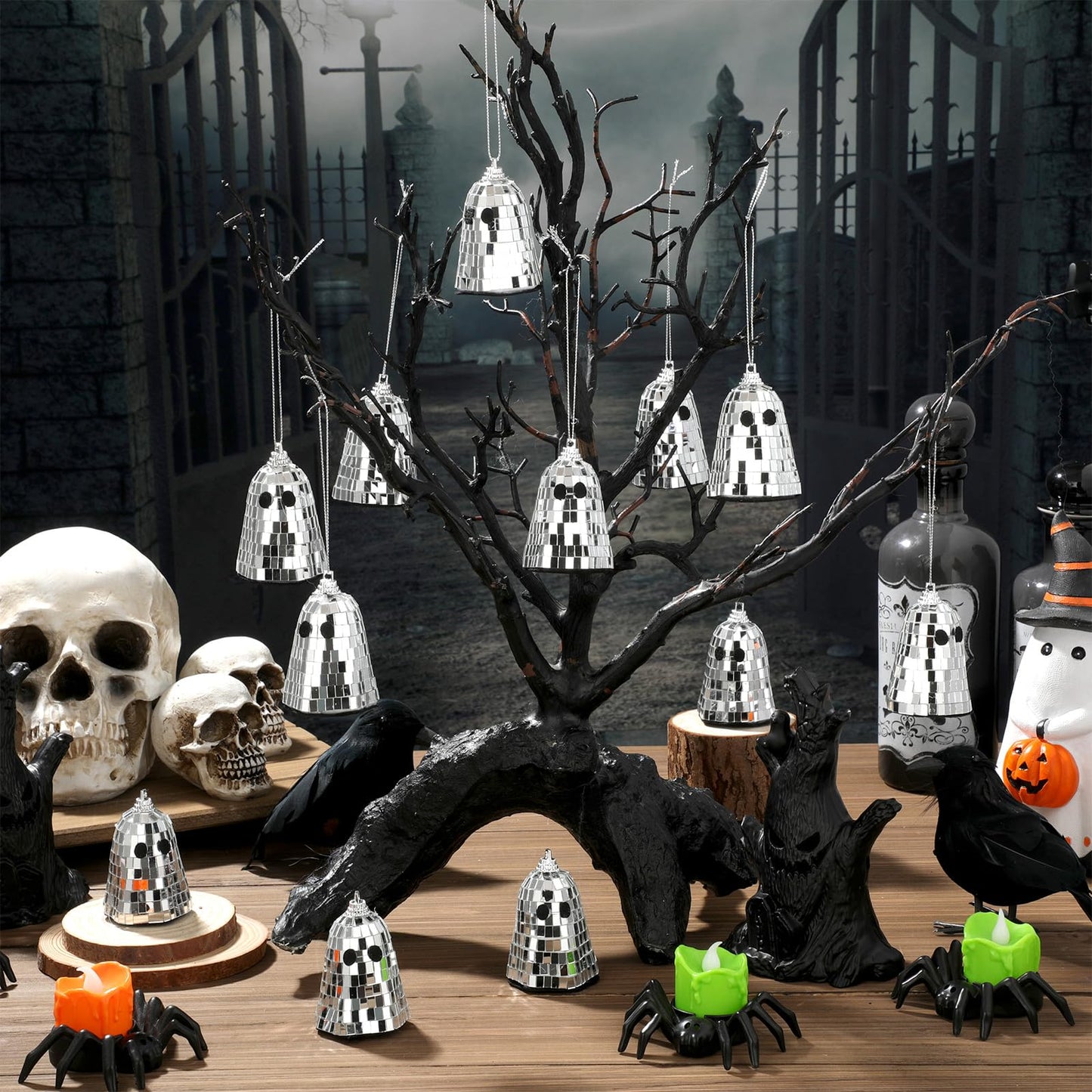 Simgoing 12 Pcs Halloween Disco Ghosts Decor Halloween Ornament Silver Mirror Disco Skeleton Tabletop Centerpiece for Holiday Cosplay Home Props Gift Party Decorations (Pink)
