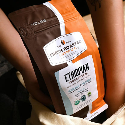 Fresh Roasted Coffee, Organic Ethiopian Yirgacheffe Whole Bean Coffee, Light Roast, USDA Organic, 3rd Party Tested for Mold, Mycotoxin & Pesticides, Kosher, 12 oz