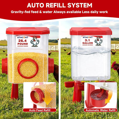 ATHCOHT Set 3.1 Gallon/26.4 4 3 Large Chicken Feeder and Waterer Pounds, Automatic Chicken Waterer with Cups & Feeder