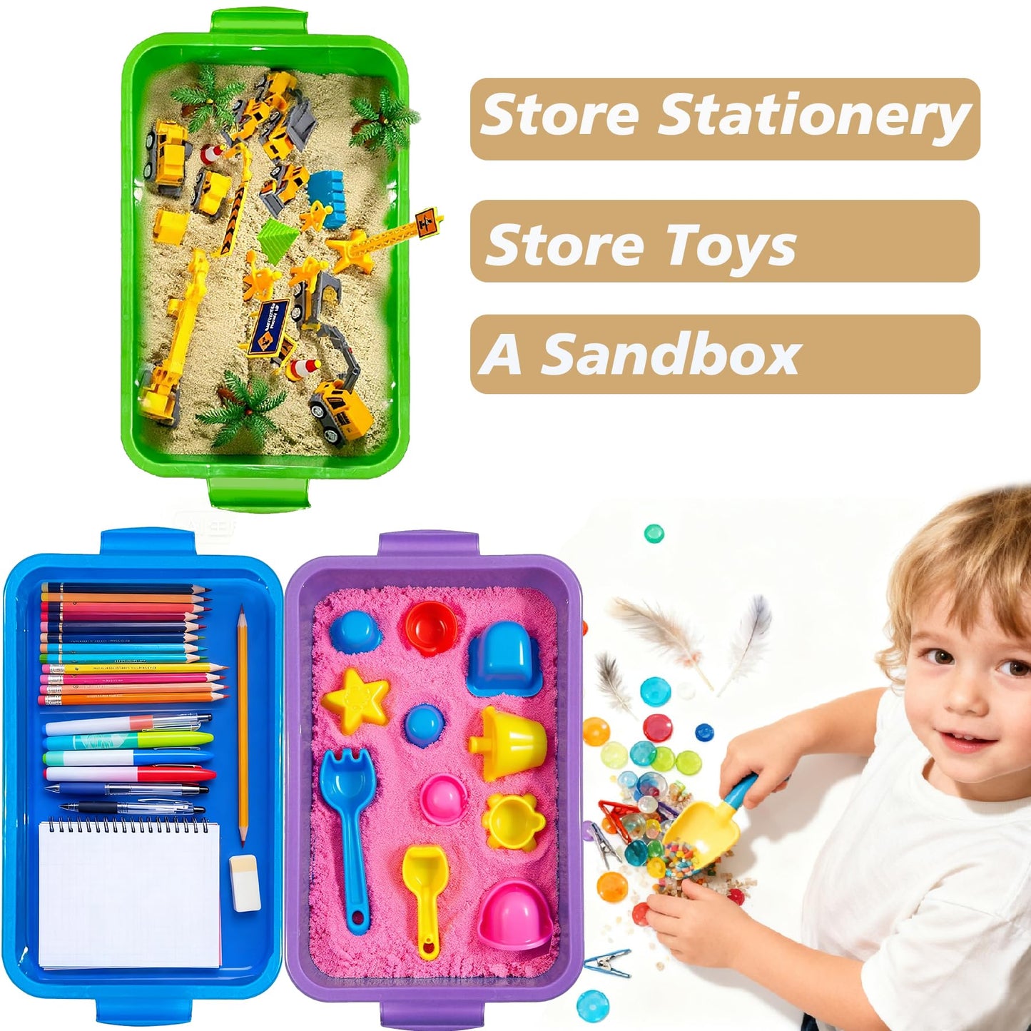 SailStart 4 Qt (3.8L) Sensory Bin With Lid - 3 Pack, Stackable Storage Sensory Bins with Lids, Portable Sandbox, Organizers Sand, Arts, Crafts, (Blue, Green, Purple)