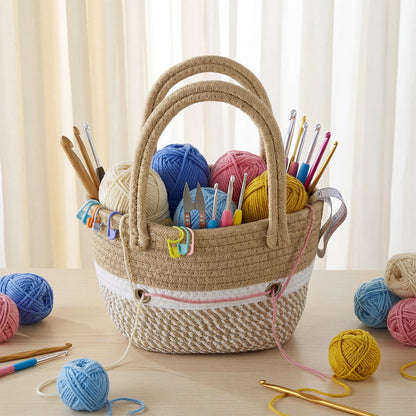 Tudomro Portable Crochet Bag Organizer, Yarn and Needles Straw Tote Basket, Knitting Storage Tote Bag with Grommets, Woven Bags Knitting Accessories for Small Projects, Gifts for Crochet Lovers