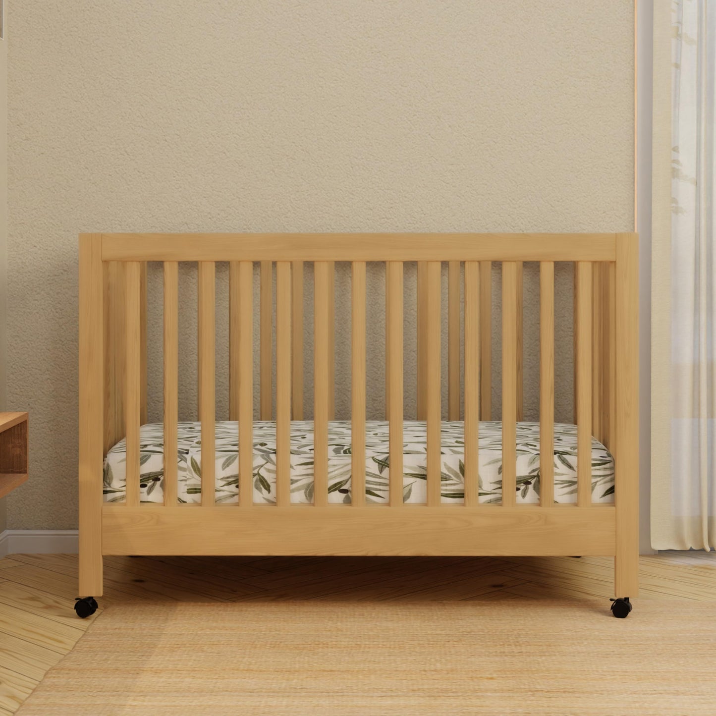 Babyletto Maki Full-Size 2-in-1 Portable Folding Crib with Toddler Bed Conversion Kit in Honey, Greenguard Gold Certified