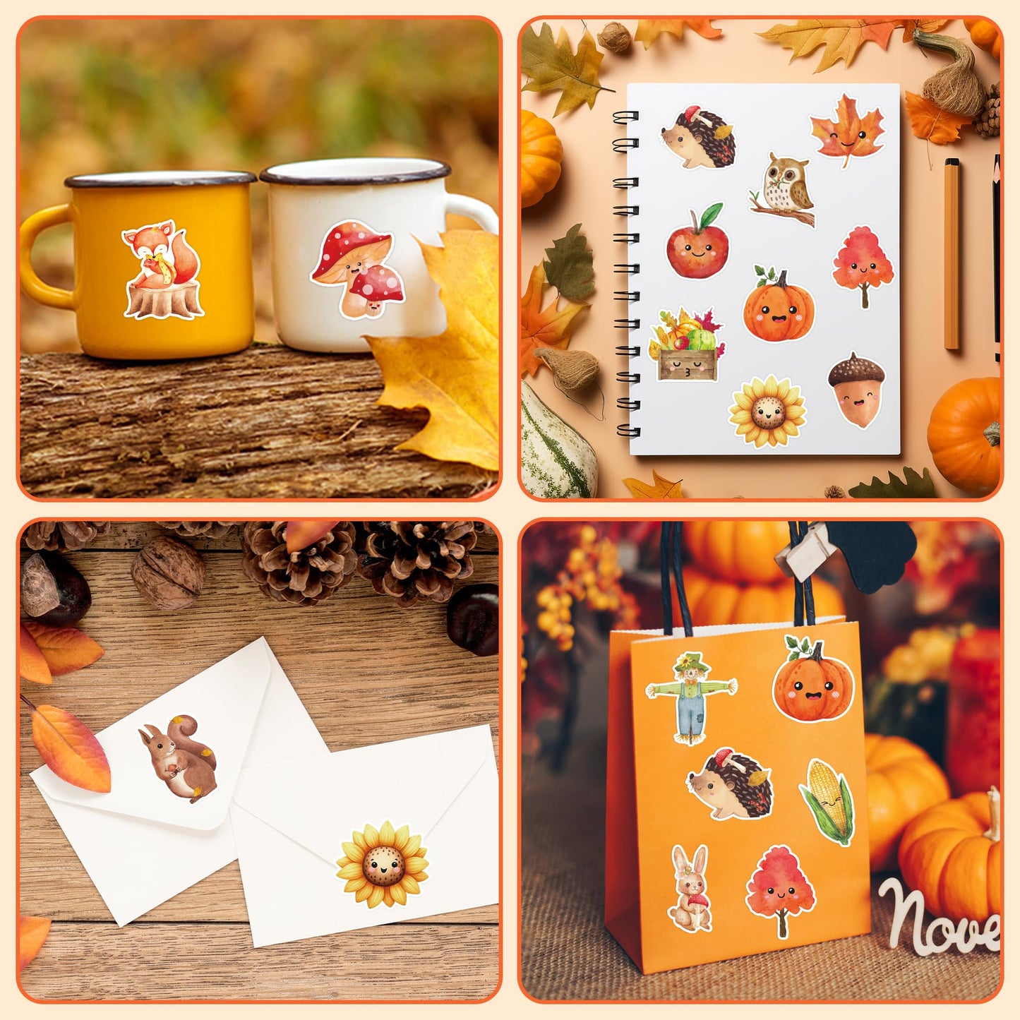 Haooryx Fall Watercolor Sticker Rolls - 1000pcs Fall-Theme Watercolor Pumpkin Maple Leaf Animal Stickers Self-Adhesive Waterproof Vinyl Thanksgiving Harvest Party Favor Page Activity Pad Card Making