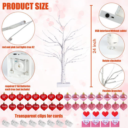 Sggvecsy 2 Pack Birch Trees with Heart Ornaments 24’’ Artificial Heart Table Tree Valentines Day Decorations with Cards Tree Decor for Valentine's Day Gifts Home Party Festival Decorations