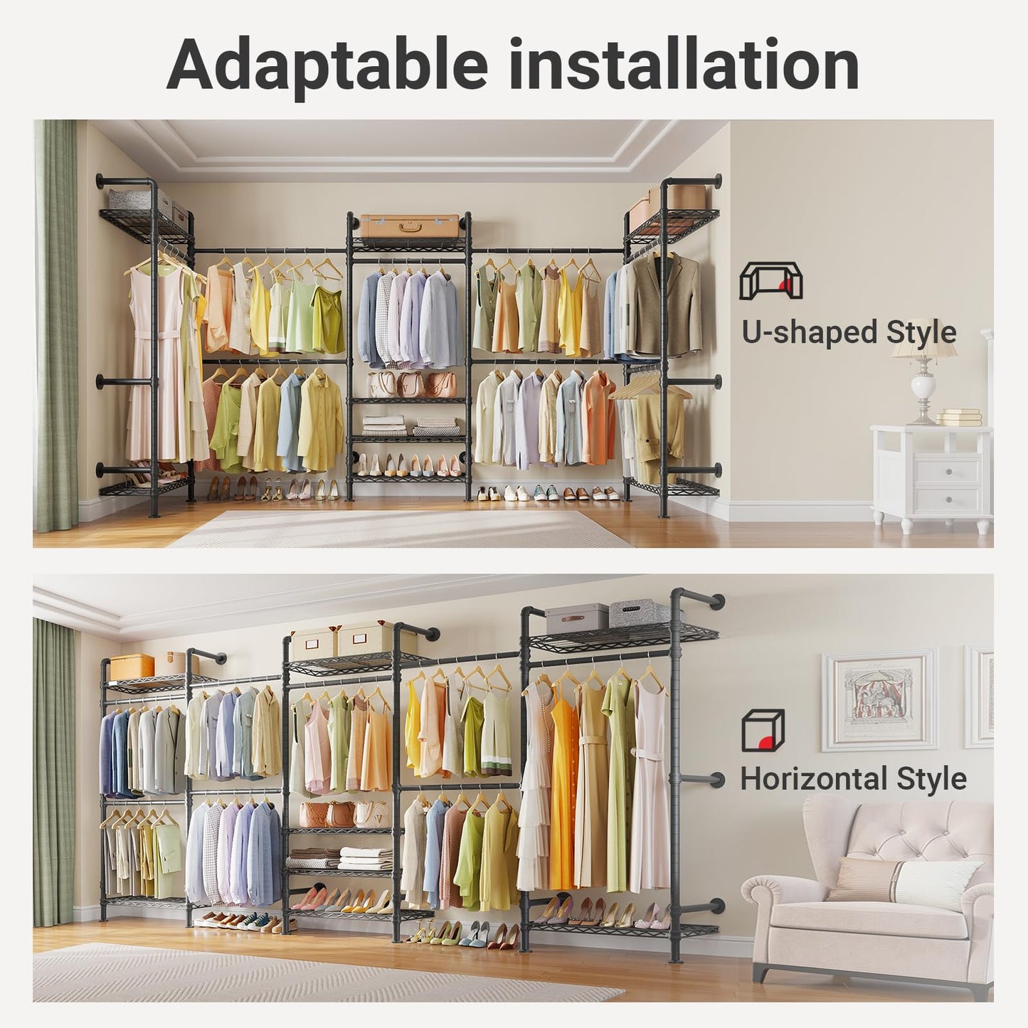 Timate U5 Expandable Wall Mounted Clothes Rack, Walk in Closet, Heavy Duty Industrial Pipe Clothing Rack with 4 Expandable Hanger Rods & 8 Adjustable Shelves, Fits Spaces 8'- 10', Black