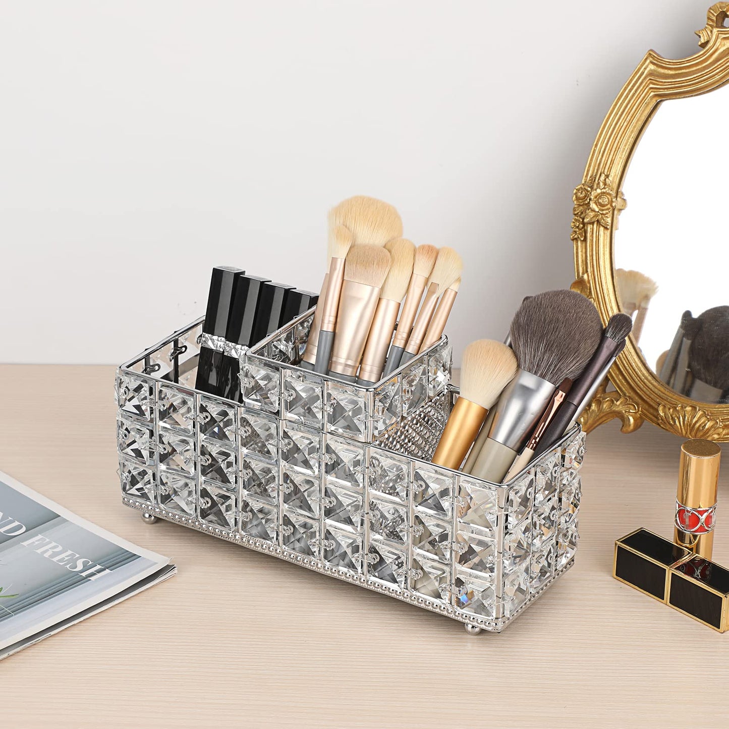 Hipiwe Crystal Remote Control Holder Bling Makeup Brush Holder Organizer Desktop Cosmetics Brushes Storage Cup Pen Pencil Storage Pot Cup for Dresser Bathroom Office, 3 Slot