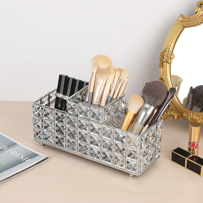 Hipiwe Crystal Remote Control Holder Bling Makeup Brush Holder Organizer Desktop Cosmetics Brushes Storage Cup Pen Pencil Storage Pot Cup for Dresser Bathroom Office, 3 Slot