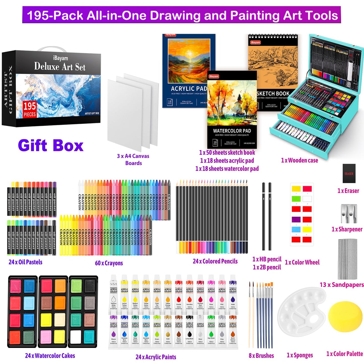 iBayam Arts and Crafts Kits for Adult, 195-Pack Deluxe Art Set Box with 3 PCS Drawing Pads, Canvases, Acrylic Painting, Drawing & Art Supplies for Pumpkin, Halloween, Christmas