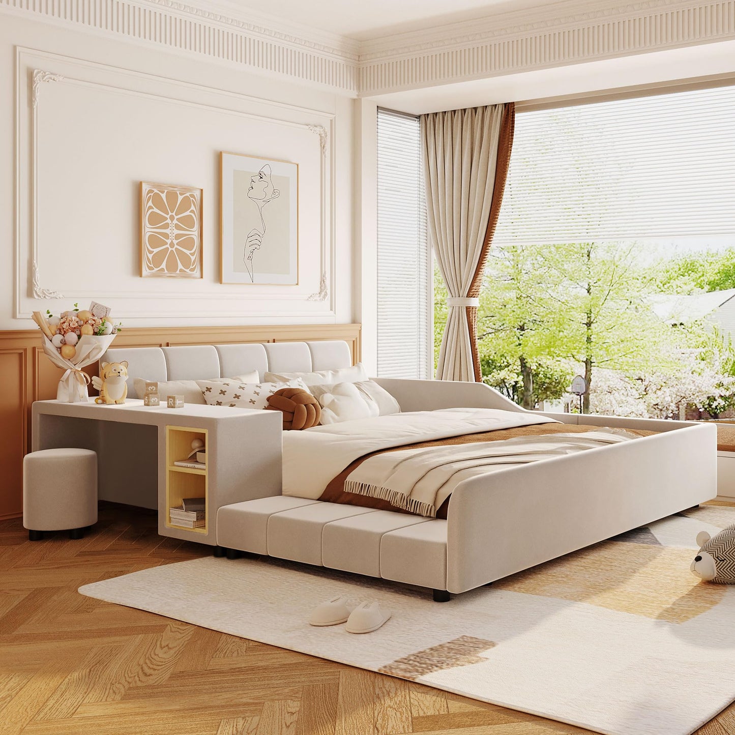 Merax Queens Size Velvet Bed Frames Upholstered Grounded Bed, Wooden Mother & Child Bed with Bedside Desk and Little Round Stool,Kids Adults Bedroom Floor Platform Bed,Beige