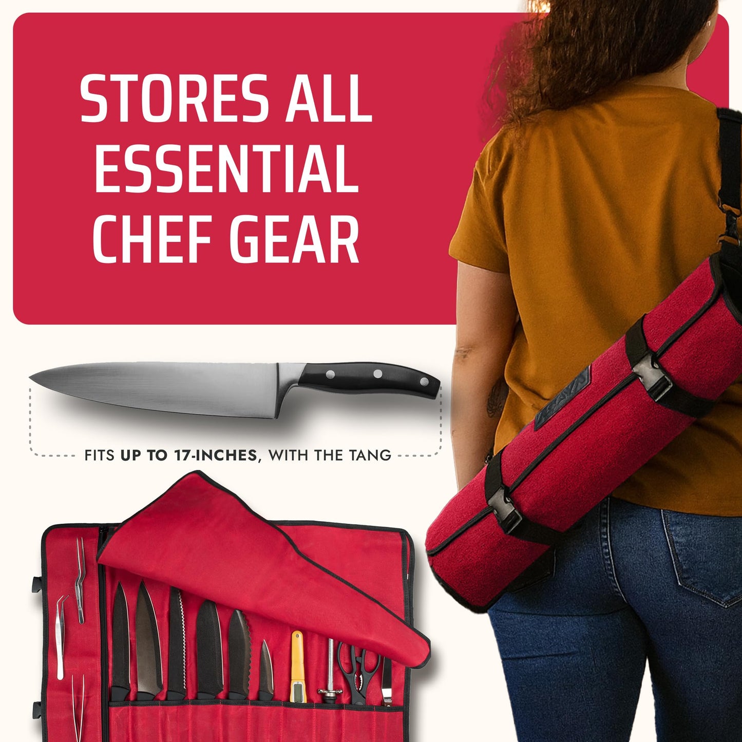 Asaya Waxed Canvas Chef Knife Roll Bag with 10 Slots and a Zipper Pocket - Professional Chef Knife Bag & Storage Case, with Shoulder Strap - Knives Not Included (Red)