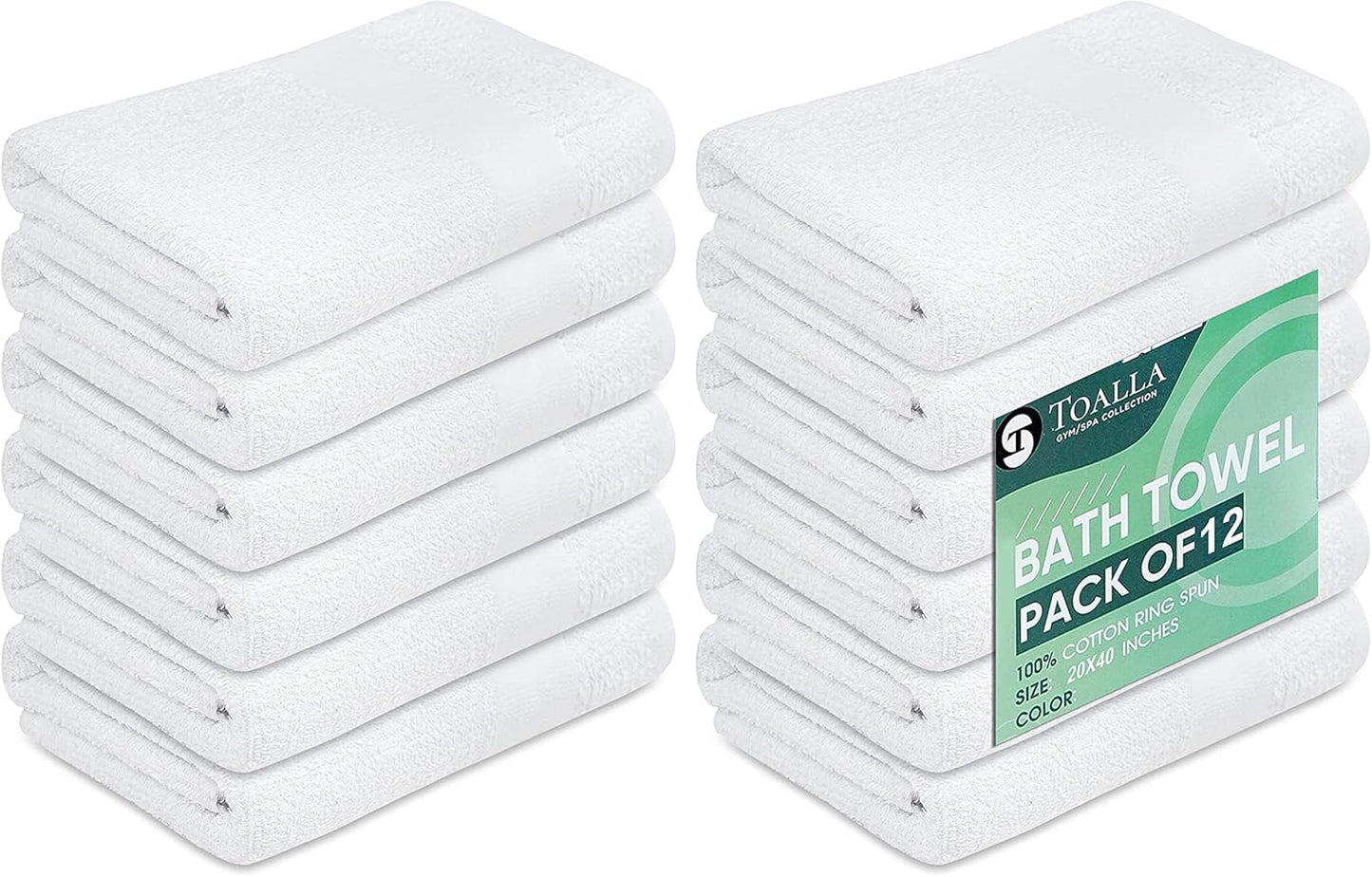 12 Pack 100% 20x40 Inches, Commercial White Cotton Bath Towels, Lightweight, Quick Drying, Grade, Gym, Salon, Spa