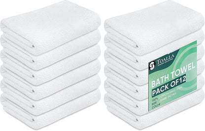 12 Pack 100% 20x40 Inches, Commercial White Cotton Bath Towels, Lightweight, Quick Drying, Grade, Gym, Salon, Spa