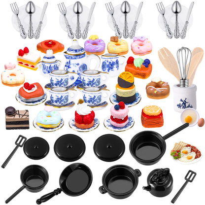 62 Pcs 1:12 Scale Miniature Dollhouse Kitchen Accessories Miniature Tea Cup Pots Resin Cake Set Include 16 Mini Plates Knife Fork Spoon 6 Egg Beater Utensil 10 Mini Stovetop Cookware 15 Pretend Food